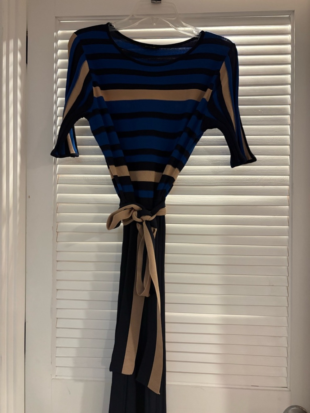 Ann Taylor Blue and Tan Striped Tie-Waist Long Sleeve Dress